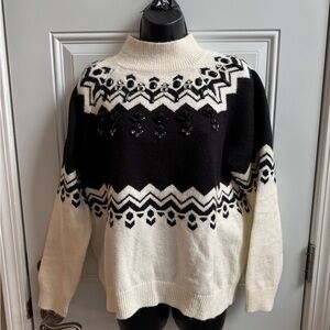 Ann Taylor Black and White Patterned Sweater with Jewel Accents